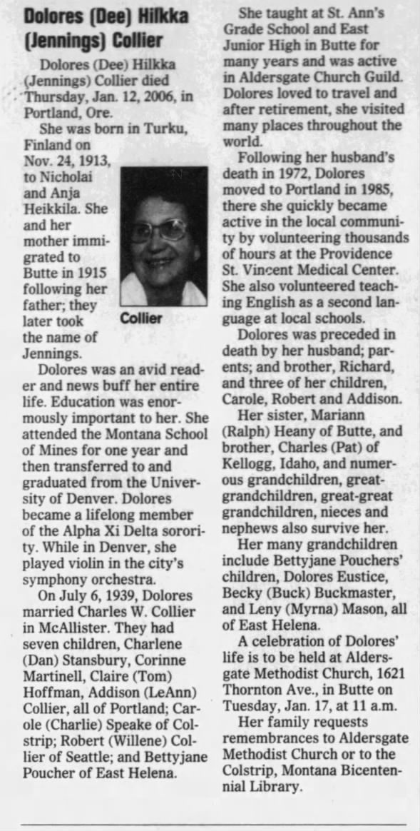 Obituary for Dolores Hilkka Collier, 1913-2006